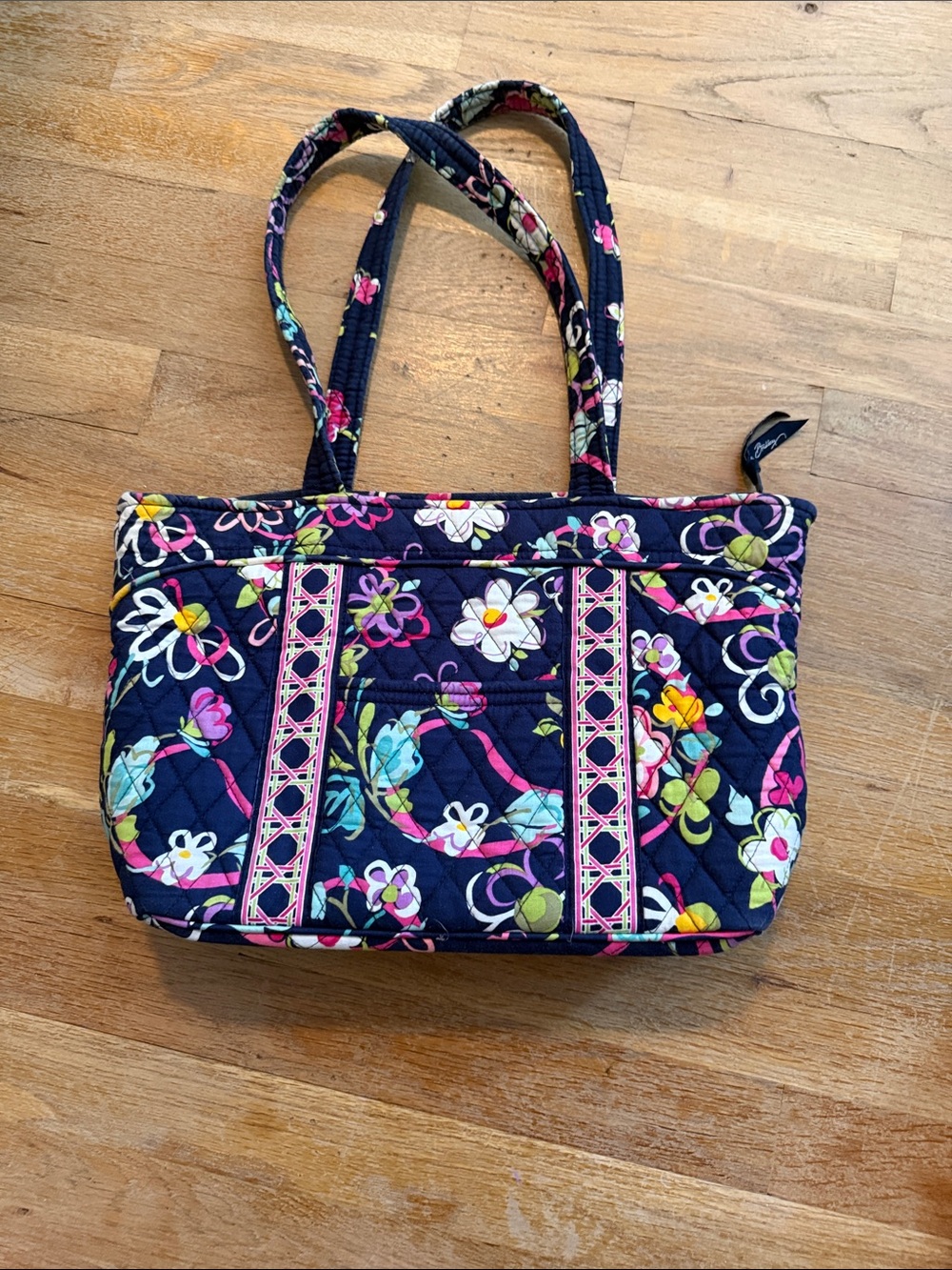 Vera Bradley Navy Quilted Floral Tote with Pink and Green Accents